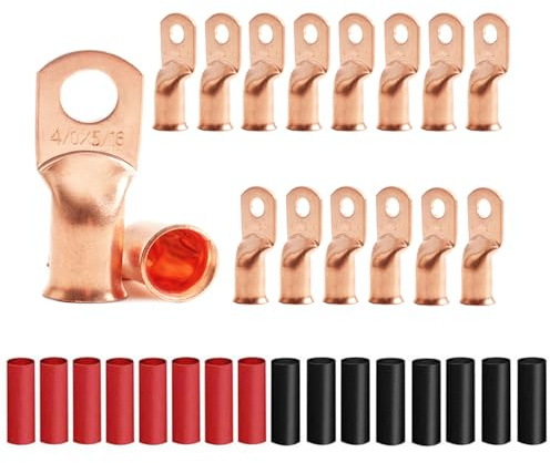 16Pcs 4/0 AWG 5/16 Stud Heavy Duty Bare Copper Wire Lugs with 16Pcs Heat Shrink Tubing 4/0 Gauge Copper Ring Terminals Battery Cable Ends