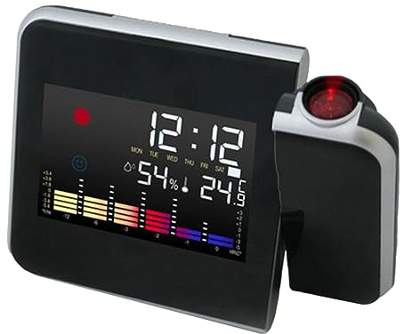 TOPBATHY Reloj Despertador Proyector Giratorio 180° Función Alarma Temperatura y Humedad Pantalla LED Snooze Fecha Plástico Negro Alimentado por Pilas para Dormitorio