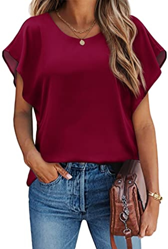 Hotouch Bluse Damen Elegant Batwing Shirts Fledermaus Rundhals Mesh Oberteil Locker Casual Leicht Tops Einfarbig T-Shirt Weinrot XXL
