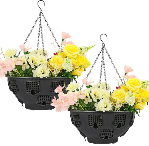 Taylor & Brown Set of 2 Easy Filling Hanging Baskets Planters Black 15 - Indoor Outdoor Garden Balcony Porch Patio Decoration with Chain, Each Complete with 12 Gates