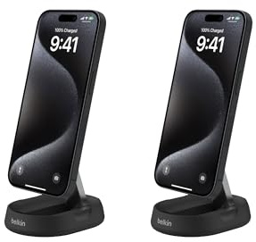 Belkin MagSafe Charger Compatible Convertible Magnetic Charging Stand 15W - BoostCharge Pro Qi2-Certified Wireless Charger for Apple iPhone 15 Series, Airpods Pro, & More, No PSU - Black (2-pack)