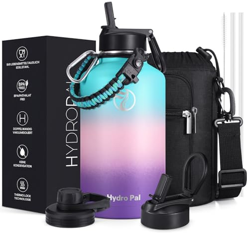 HydroPal Termo de 1900 ml (1,9 L), acero inoxidable, sin BPA, 24 h frío/12 h caliente, a prueba de fugas, botella deportiva y botella con pajita y 2 tapas (pajita + boquilla), antideslizante, para