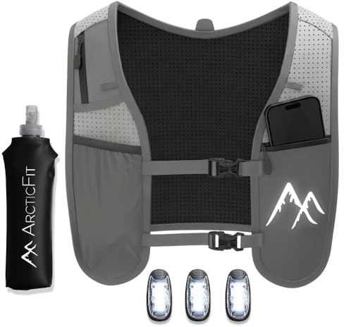 Grey ArcticFit LED Running Vest - Adjustable Unisex Reflective Vest with Phone Holder and Storage - Lightweight and Durable Running Backpack Alternative - Hydration Vest for Marathon & Night Trainings