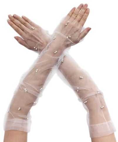 AWOCAN Women Sheer Long Pearl Mesh Tulle Sheer Fingerless Wedding Bridal Opera Party Gloves (white, L)