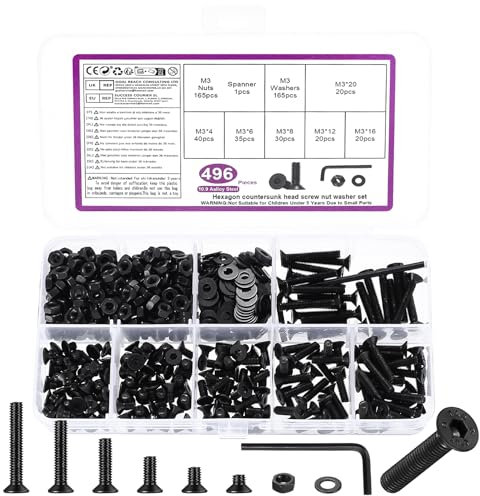 496 Pcs M3 Screws Set, M3 Bolts and Nuts Set, Countersunk Screws Nuts and Bolts Sets, Flat Head Machine Screw and Washers, Hex Socket Head Cap Screw Assortment with Wrench