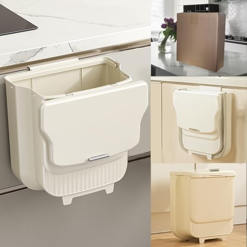Melldrry 8.5L Cubo Basura Colgante con Tapa, Plegable Pequeño Cubo de Basura Cocina con 2 formas de colgar, Papelera para Puerta de Armario de Cocina, Baño, Oficina (Light Brown)
