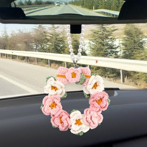 LELE LIFE Crochet Garland Cute Car Accessories, Rear View Mirror Hanging Charm Pearl Crochet Flower, Women Aesthetic Car Decorations Interior Boho Pendant Decor (Pink)
