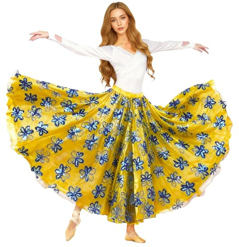 Baisdan Gonna da Donna 2 Strati per Danza del Ventre, Gonna in Raso con Paillettes Farfalla per spettacoli teatrali Costume, Blu Scuro, Taglia Unica