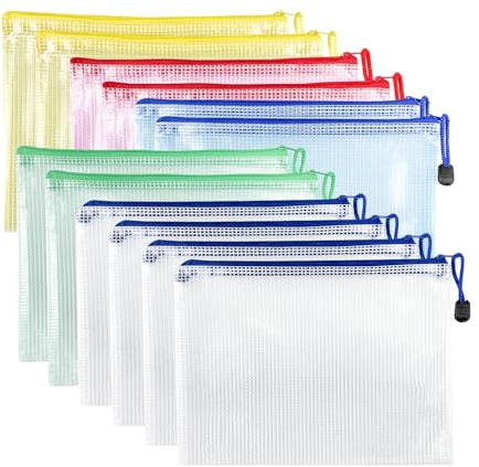 Crihovy 12 Pcs Dokumententasche mit Reißverschluss A5, Wasserdichte Document Case, Mesh Plastic Zip Bag, Reißverschlusstasche, Zipper Pockets für Datei,Papier, Quittungen, Kosmetika, 5 Farben