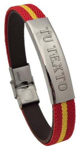 RIQUEZA Y ARTE Pulsera hombre personalizada con la bandera de españa de acero inoxidable - Regalo personalizao para hombre. Pulsera ajustable con un acabado profesional (17-22cm) (FONDO PLATEADO)