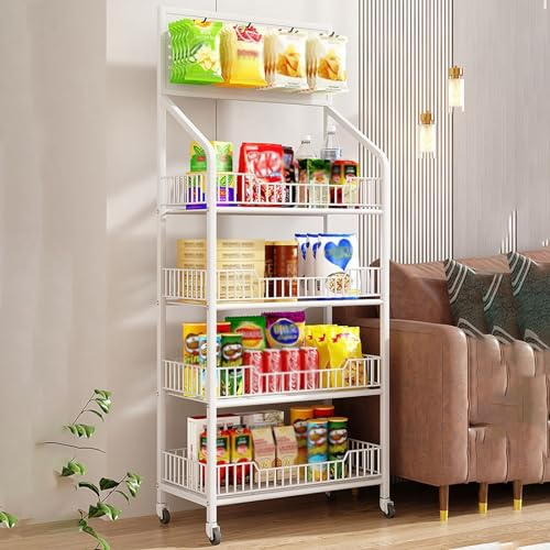 Cestino Frutta e Verdura, Scaffale Porta Snack a 4 Strati, espositore per Frutta e Verdura con Ruote per supermercato con Ganci e Ruote, per Negozi di Alimentari al Dettaglio e mercati agricoli, Cont