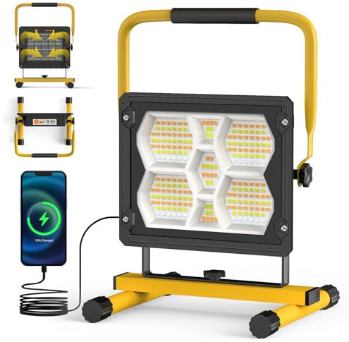 Sararoom Foco LED Recargable, 100W Luz de Trabajo Portátil 5 Modos, Banco de Energía, Focos para zonas de trabajo Solar, IP65 Impermeable Reflector Exterior para Camping Jardín Pesca Garaje Emergencia