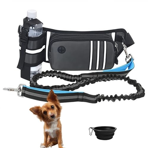 Guinzaglio da jogging con cintura addominale per cani di taglia media e grande, regolabile a mano libera con riflettente, elastico e doppio manico per jogging e camminare, 160-210 cm