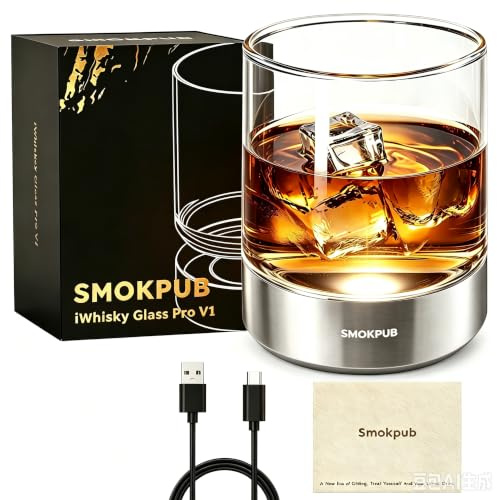 smokpub Whiskey Glasses with RGB LED Lights, Old Fashioned Cocktail Glasses with Manual Rotating Base, Bourbon Whisky Scotch Glass Men Gifts for Christmas,Birthday, Anniversary, Retirement