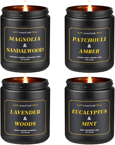 Duftkerzen für Männer, 4er Pack Herrenkerzen für Zuhause Duftend, 28oz Duftkerzenset Sojawachskerzen Set - Lavendel/Patchouli/Sandelholz/Eukalyptus, Kerzen Geschenke für Männer, Papa, Ehemann, Freund