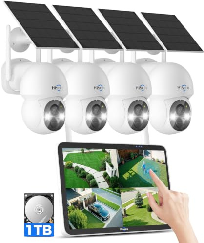 Hiseeu 4MP Solar Wireless CCTV Camera System with 10 Touch Screen Monitor, 1TB HDD, Battery Powered Outdoor Security Cameras, PIR Motion Detection, Colour Night Vision, 2-Way Audio, IP66 Waterproof