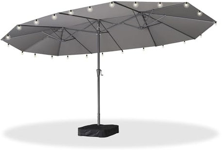 PURPLE LEAF Parasol de Jardin Extérieur 455 x 270 cm, Parasol Rectangulaire Double Face avec Guirlande Lumineuse Solaire et Pied, pour Terrasse, Jardin, Balcon, Gris clair