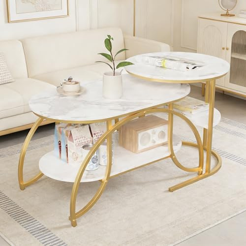 Couchtisch Rund 2er Set, Beistelltisch Set Sofatisch mit Gold Metallgestell und Weiß Marmor Tischplatte, Couchtisch marmor mit Verstellbaren Fußpolstern, für Wohnzimmer,Büro (Gold (d), 80×46×45cm)
