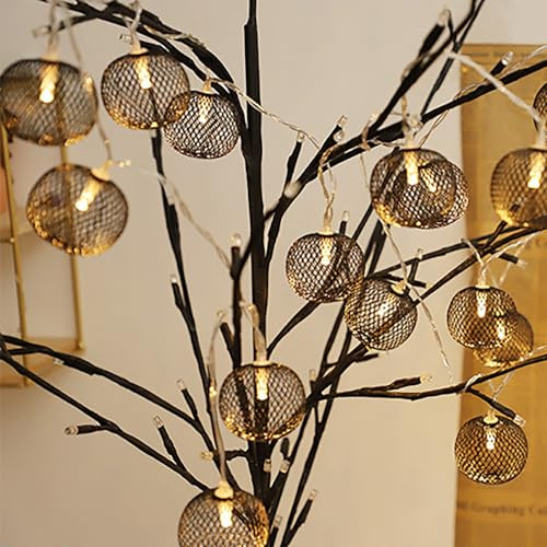 SUAVER Guirlande lumineuse Lanterne décorative Éclairage féérique Boules en Métal fleurs à Piles Décoration de Noël lumineuse Fairy lights pour chambre,fête,jardin,mariage (Noir, 2m 10LED)