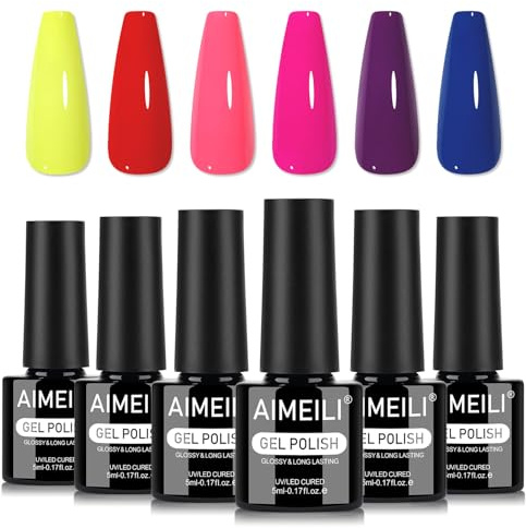 AIMEILI UV Nagellack Set Sommer Neon Leuchtendes Gelb Rot Lila Blau UV LED Soak Off Color Gel Set 5ml 6 Farben Nail Art Nageldesign Kit 6-95 | Soak Off Gel Nail Polish für Frühling Sommer Herbst Winter, Home Nagelstudio DIY Nail Art, Perfekt für Deinen Alltag