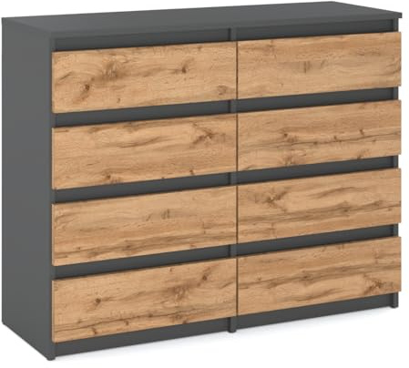 MRBLS_HOME Kommode mit 8 Schubladen - Holz Sideboard 120 x 92,5 x 33,5 cm (B/H/T) - Schmale Kommode für Schlafzimmer & Flur - Regal mit Schubladen - Schrank mit Schubladen (Grau Matt - Wotan)