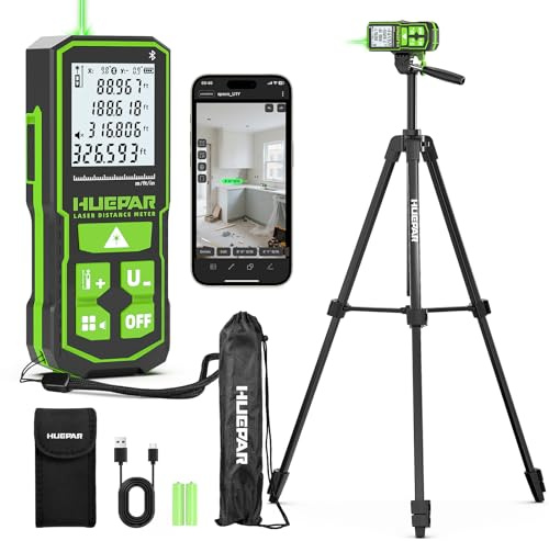 Huepar 395FT Bluetoothed Green Laser Measuring Tool with 60 Tripod, 1/16in Accuracy Laser Distance Measurement Tool, Digital Laser Room Measuring Device, Laser Distance Meters