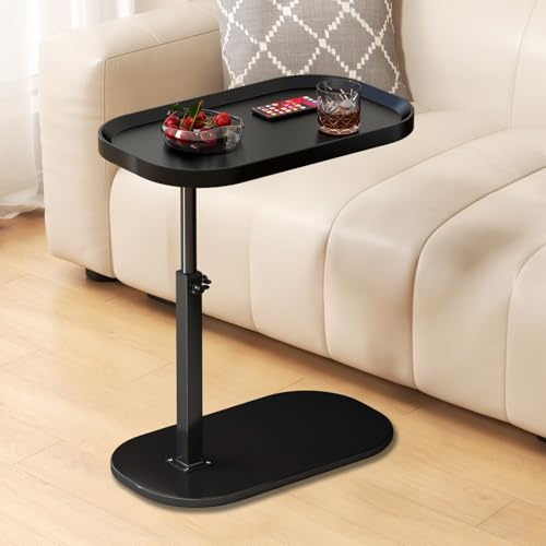 Höhenverstellbarer Beistelltisch mit erhöhtem Rand 30x45cm, Kleiner C-Form Betttisch Sofatisch mit 360° Drehbar, Holz Ovaler C-förmiger Side Table Laptoptisch für Wohnzimmer Couch Sofa Bett (Black)