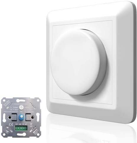 LED Dimmer Schalter, LED Dimmer, Trailing Edge Dimmschalter 250W, Unterputz Drehdimmer, Lichtschalter für dimmbare LED Lampen, Glühlampe und Halogenlampe, Weiß, 86×86×45mm
