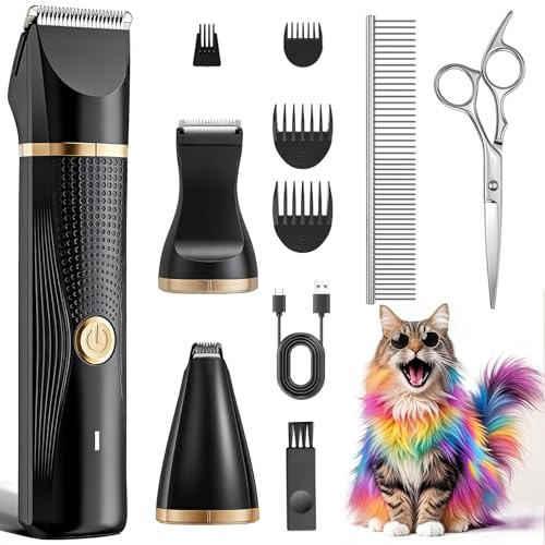 BAUTRIUM Cat Grooming Clippers Kit, Low Noise Cat Shaver for Matted Fur Claw - Paw Trimmer for Dogs with Stainless Steel Scissors Combs & USB-C Charging Cable, Black