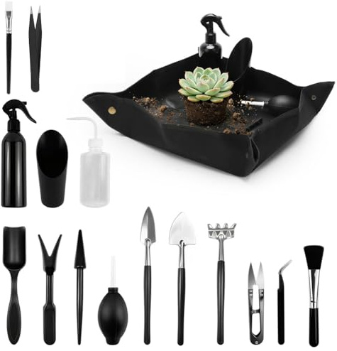Bonsai Werkzeug Set, 16 Stück Mini Pflanzen Werkzeug Kit mit 50 * 50CM Umtopfmatte, Sukkulenten Werkzeugset Kleines Gartengeräte Gartenwerkzeug Set für Gartenarbeit, Bonsai, Umtopfen & Pflanzenpflege