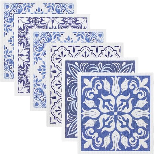 PIGIAOKA 6Pcs Swedish Dishcloths, Reusable Kitchen Dish Towels Multipurpose Absorbent Cellulose Sponge Cloths for Kitchen, Plastic-Free Wash Cloths (Vintage Patterns)