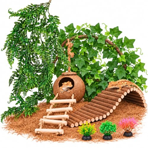 HERCOCCI Crested Gecko Tank Accessories, Reptile Hanging Plants Vines with Natural Coconut Shell Hideout & Climbing Ladder Decor for Hermit Crab Lizard Leopard Gecko Chameleon Snake Terrarium Decor