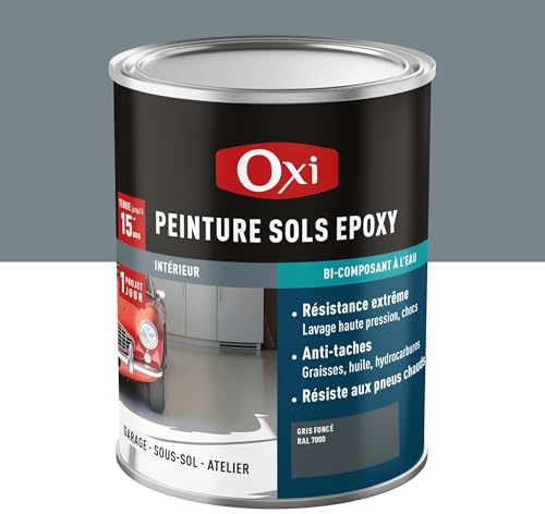 Oxi - Peinture Sol Époxy Bi-Composant - Gris Foncé - 300ML | Haute résistance pour garage, béton et carrelage - Application sans sous-couche, finition satinée lessivable RAL 7000