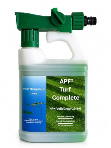 APF® Rasen Flüssigdünger 12-4-6 - Sprühflasche mit Schlauchanschluss - Für sattgrünen dichten Rasen - NPK Volldünger Sofortwirkung - Reichweite 300 m² - Schnelle Rasenpflege