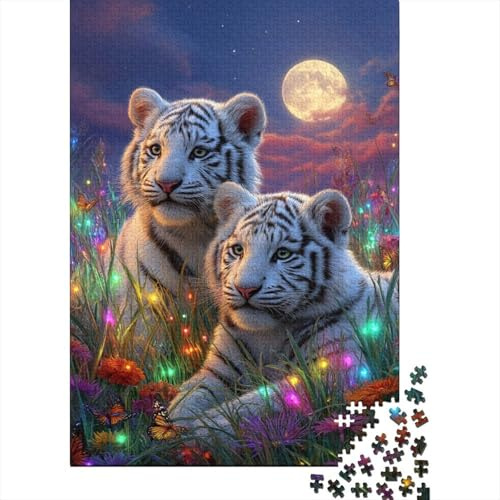 Cuccioli di Tigre Bianca Puzzle 1000 Pezzi Carta per Adulti Scena Notturna Prato Fiorito Gioco di Puzzle 1000 Pezzi Relax Decorazione Casa Regalo 52x38cm/1000pcs