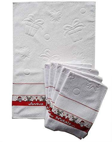 OM DOLCE CASA M&O Strofinacci Canovacci Asciughini Cucina Natale Modello Arriva Babbo Natale Set da 3 Pezzi con Inserto in Tela Aida 100% Cotone Prodotto in Italia