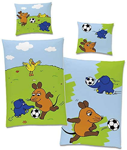 Die Sendung mit der Maus Kinder-Bettwäsche Fußball Blau 135 x 200 cm + 80 x 80 cm 100% Baumwolle Linon Renforcé Maus Elefant Ente Bettzeug Bett-Bezug Kissen-Decken-Bezüge Wende-Motiv deutsche Größe