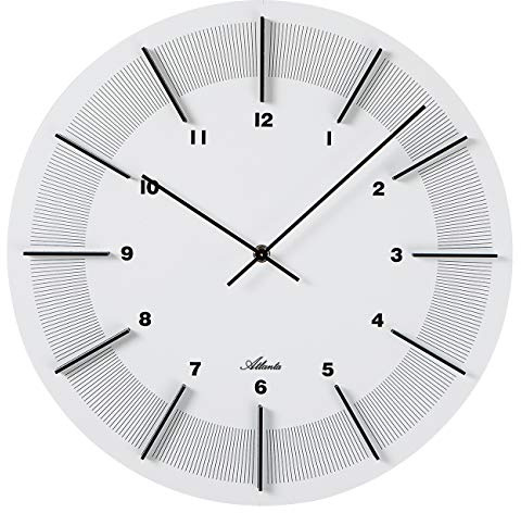 Atlanta Moderne große Wanduhr Quarz, 40 cm MDF-Gehäuse, erhabene Ziffern, Weiss - 4471-0