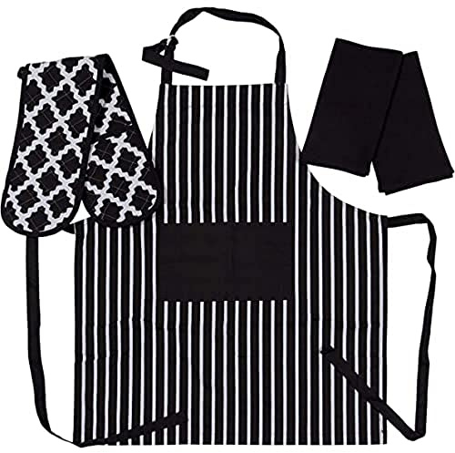 Penguin Home 3517 Schürze, doppelter Ofenhandschuh und 2 Geschirrtücher-Set,100,weich, langlebig, hitzebeständig und super saugfähig, Baumwolle, schwarz/weiß, 70 X 90, 18 X 90, 45X 65 cm,Schwarz/Weiß