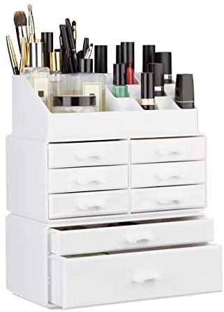 Relaxdays 1 x Make Up Organizer mit Schubladen, stapelbares Kosmetikregal für Schmuck & Make Up, Schminkaufbewahrung, weiß
