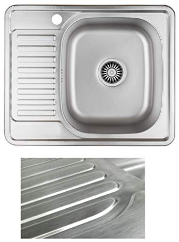 VBChome Einbauspüle 58x48 Satinstruktur ab 45er Unterschrank Edelstahl Küchenspüle Spüle Ablagefläche Abtropffläche Links eckiges Camping Ablaufgarnitur Siphon