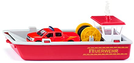siku 2117, Feuerwehr Arbeitsboot, 1:50, Metall/Kunststoff, Rot/Gelb, Inkl. Ford F150 Pick-Up und Stickerbogen
