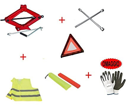 Cric d'urgence compatible avec boîte de vitesses en caoutchouc+clé à croix + triangle + gilet + gilet d'urgence pour voiture Crick à pantographe+clé cruciformes pour boulons+triangle+gilet fluo+offert