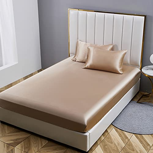 Damier Spannbettlaken 140x200cm Beige Satin Seide Glänzend Bettlaken Hochwertiges Deluxe Unifarben Spannbetttuch, geeignet für Matratzen bis 30cm
