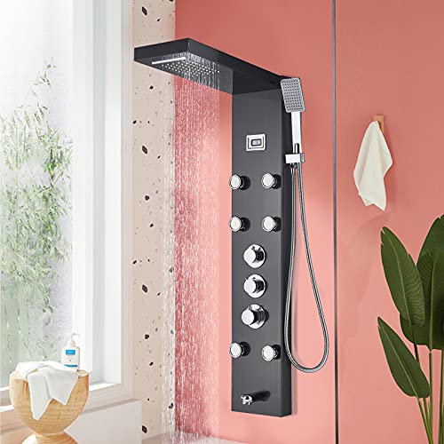 TVTIUO Thermostatic Shower Panel Column Tower Shower Panel Wall Mounted Tower System Shower Tower Panel 6 Functions with 4 Massage Jets Black……