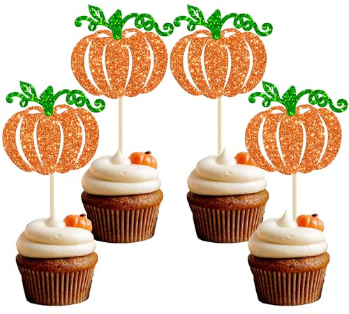 Gyufise 24Pcs Pumpkin Cupcake Toppers Orange Glitter Fall Theme Cupcake Picks Pumpkin Themed Baby Shower Birthday Thanksgiving Halloween Party Cake Decorations Supplies