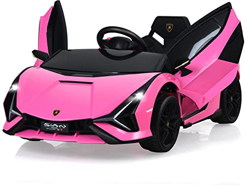 COSTWAY 12 V Lamborghini Coche Montable, Vehículo Eléctrico de Batería con Mando 2,4 G, Luces LED, MP3, Música, Bocina, 2 Puertas, Suspensión de Muelles, Coche Montable para Niños y Niñas (Rosa)