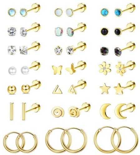 ADRAMATA 21 Paar Ohrstecker für Damen Herren 20G Vergoldet Flache Rückseite Knorpelohrringe Edelstahl Ohrringe Hypoallergen CZ Mondstein Opal Ohrstecker Set
