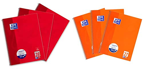 Oxford Collegeblock A4, kariert, 80 Blatt, gelocht, rot, 3 Stück & Collegeblock A4 liniert, mit Doppelrand, 80 Blatt, orange, 3 Stück