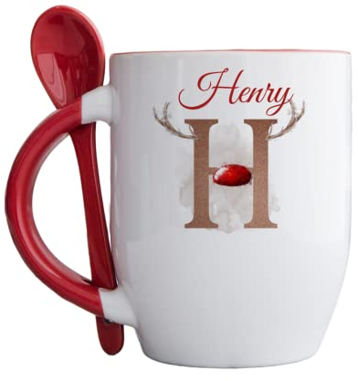 Personalised Red Handle Tradional Reindeer Initial Mug with spoon, Christmas Alphabet with Antlers and red nose hot chocolate, Cute Xmas mug